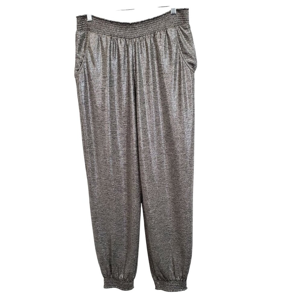 By Anthropologie L Petite Pants Metallic Silver Lightweight Knit Lounge Jogger
